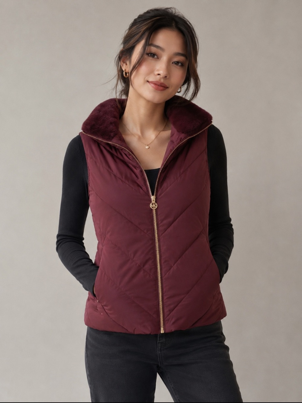 Michael Kors Maroon Quilted Puffer Vest with Faux Fur Collar size S
